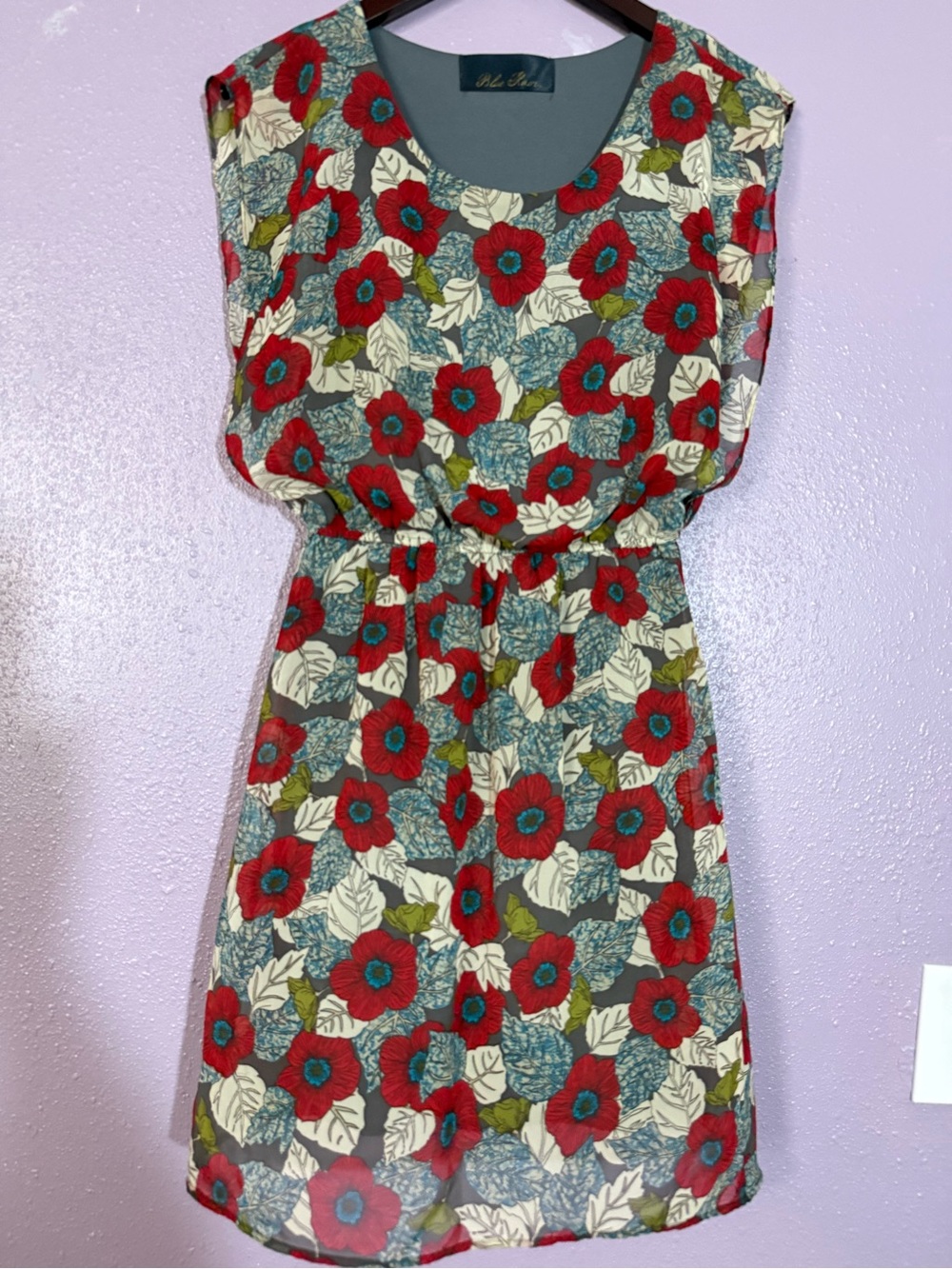 Blue Rain Red Floral Sleeveless Elastic-Waist Dress